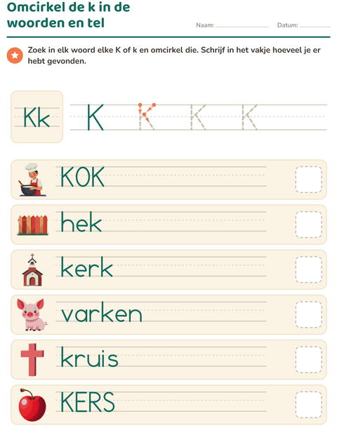 Omcirkel de letter in de woorden en tel hoeveel je er vindt