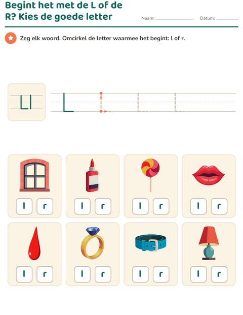 Voorbeeld van het Letter van de week-werkblad voor kleuterklas