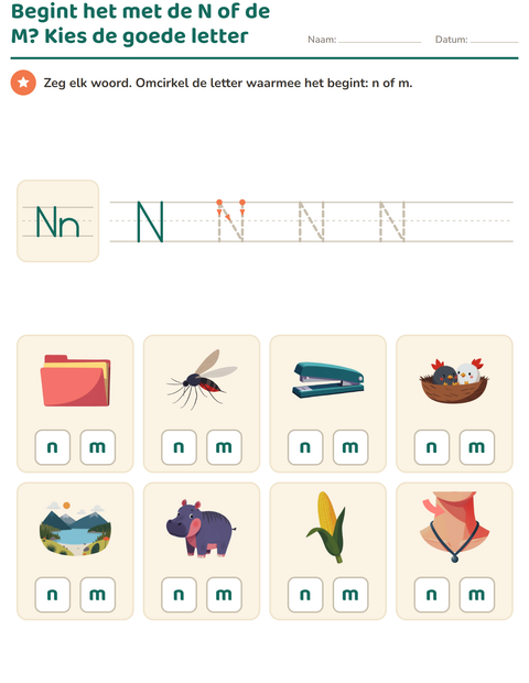 Voorbeeld van het Letter van de week-werkblad voor kleuterklas