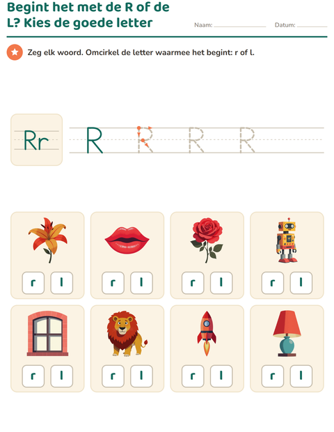 Voorbeeld van het Letter van de week-werkblad voor kleuterklas