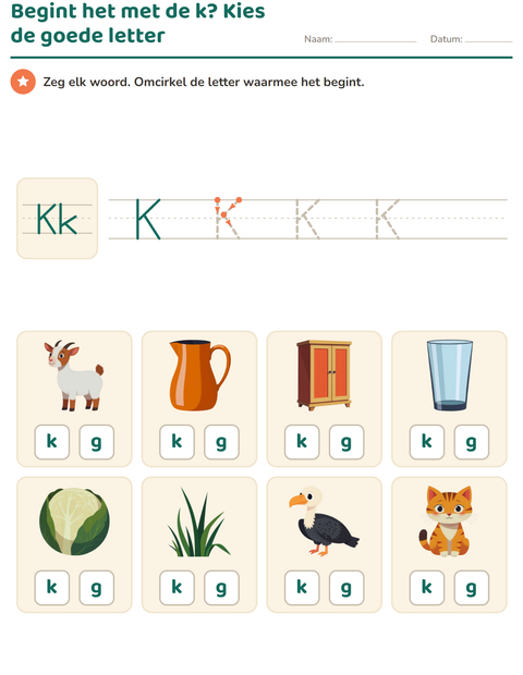 Voorbeeld van Kies de goede letter: begint het woord met de k of de g?