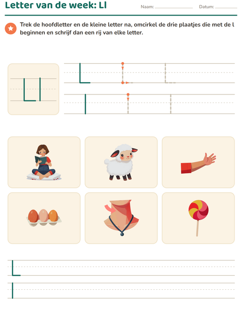 Voorbeeld van het Letter van de week-werkblad voor kleuterklas