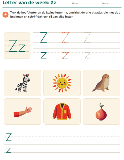 Voorbeeld van het Letter van de week-werkblad voor kleuterklas