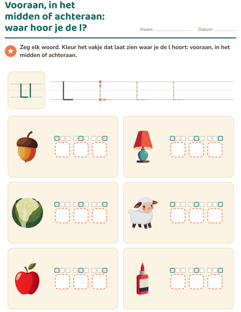 Voorbeeld van het Letter van de week-werkblad voor kleuterklas