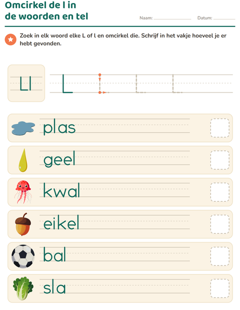 Voorbeeld van het Letter van de week-werkblad voor kleuterklas