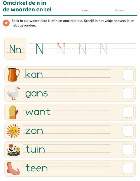 Voorbeeld van het Letter van de week-werkblad voor kleuterklas