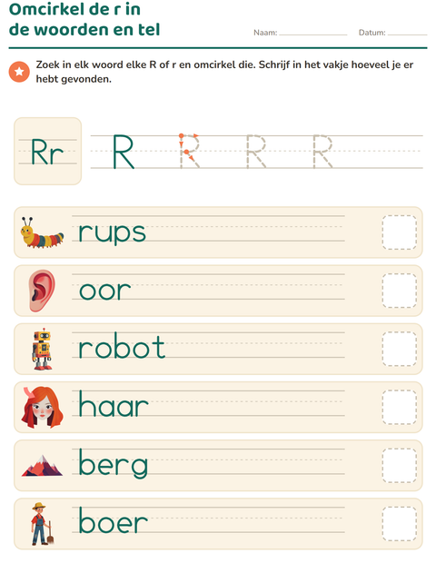 Voorbeeld van het Letter van de week-werkblad voor kleuterklas