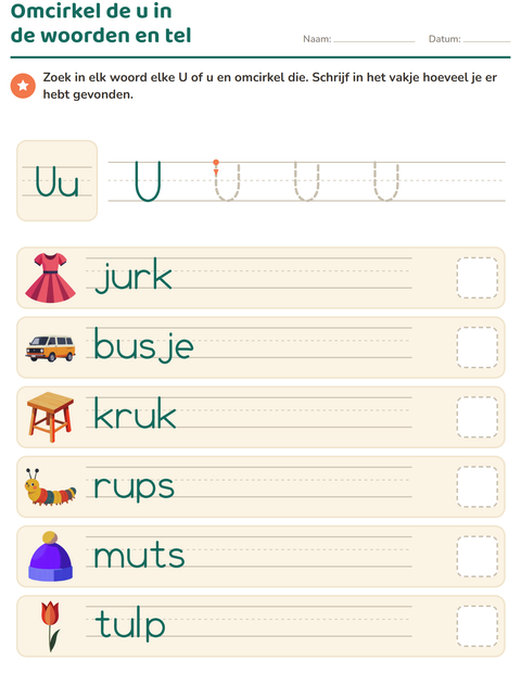 Voorbeeld van het Letter van de week-werkblad voor kleuterklas