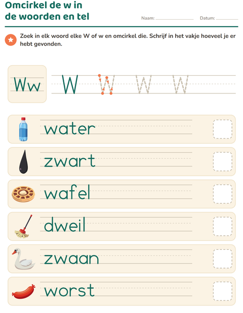 Voorbeeld van het Letter van de week-werkblad voor kleuterklas