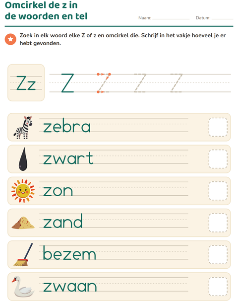 Voorbeeld van het Letter van de week-werkblad voor kleuterklas
