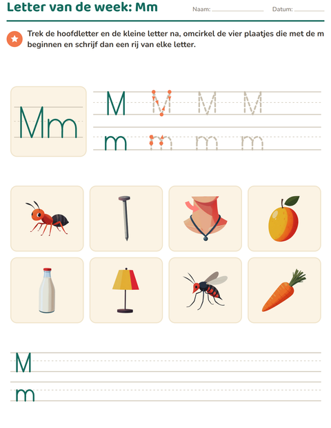 Voorbeeld van het Letter van de week-werkblad voor kleuterklas