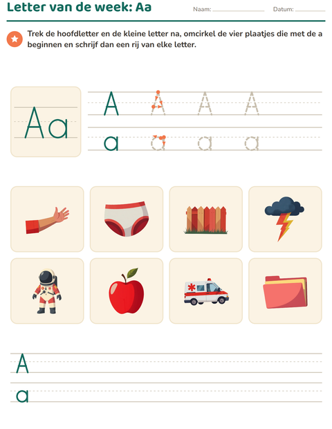 Voorbeeld van het Letter van de week-werkblad voor kleuterklas