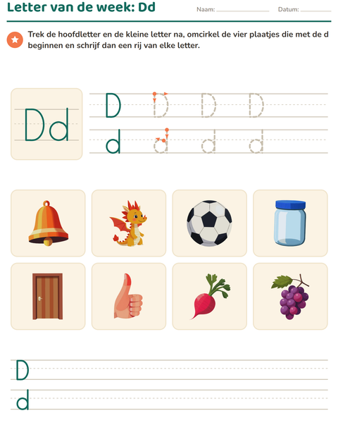 Voorbeeld van het Letter van de week-werkblad voor kleuterklas