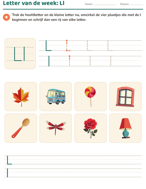 Voorbeeld van het Letter van de week-werkblad voor kleuterklas