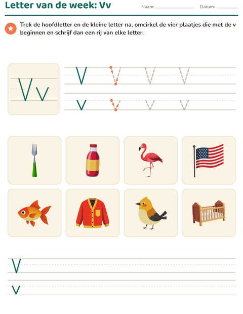 Voorbeeld van het Letter van de week-werkblad voor kleuterklas