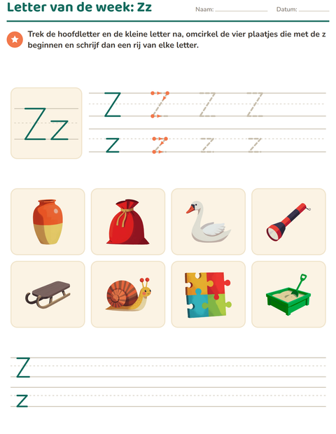 Voorbeeld van het Letter van de week-werkblad voor kleuterklas