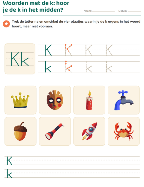Voorbeeld van het Letter van de week-werkblad voor kleuterklas