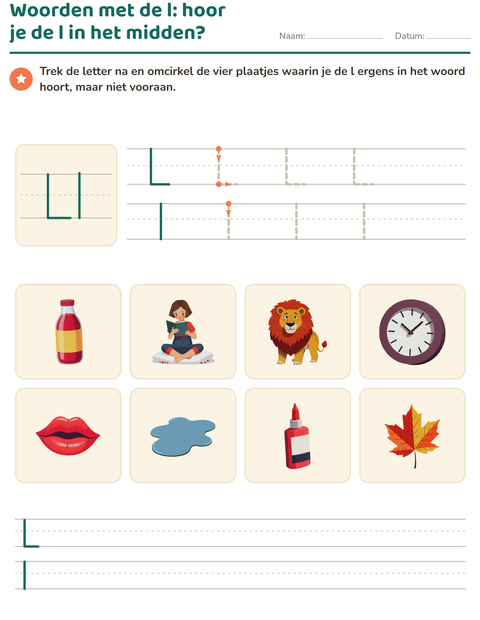 Voorbeeld van het Letter van de week-werkblad voor kleuterklas