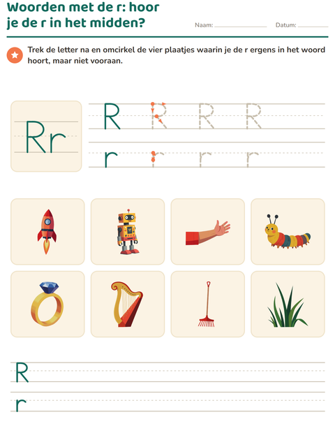 Voorbeeld van het Letter van de week-werkblad voor kleuterklas