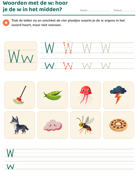 Voorbeeld van het Letter van de week-werkblad voor kleuterklas