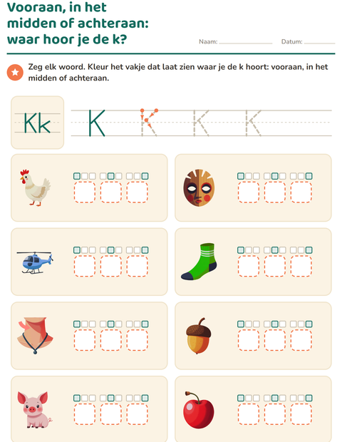 Voorbeeld van het Letter van de week-werkblad voor kleuterklas