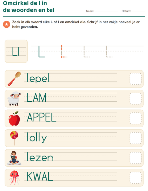 Voorbeeld van het Letter van de week-werkblad voor kleuterklas