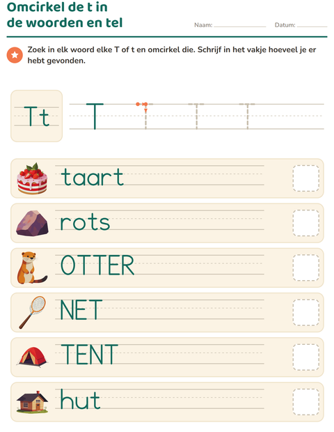 Voorbeeld van het Letter van de week-werkblad voor kleuterklas