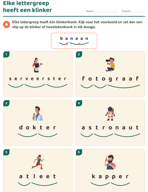 Voorbeeld van het Lettergrepen verdelen-werkblad met Beroepen voor groep 3