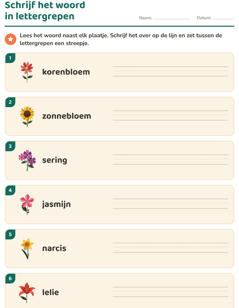 Voorbeeld van het Lettergrepen verdelen-werkblad met Bloemen voor groep 3