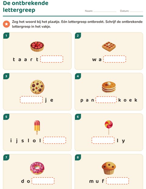 Voorbeeld van het Lettergrepen verdelen-werkblad met Desserts en snoep voor groep 3