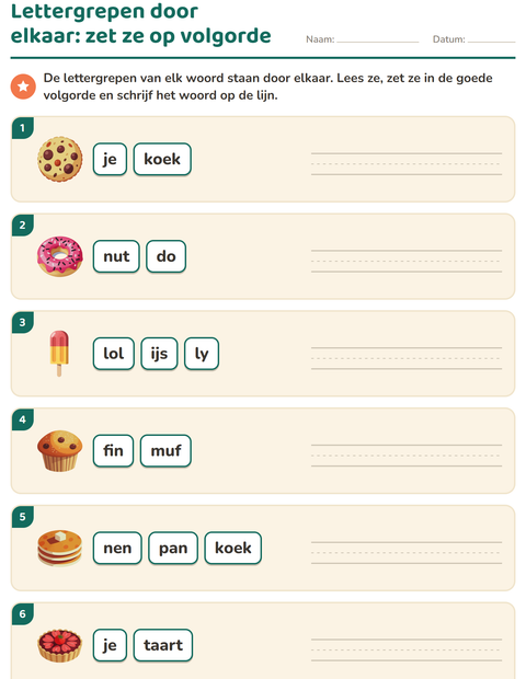 Voorbeeld van het Lettergrepen verdelen-werkblad met Desserts en snoep voor groep 3