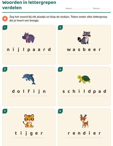 Voorbeeld van Lettergrepen verdelen met dieren: teken onder elke lettergreep een boogje