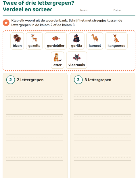 Voorbeeld van het Lettergrepen verdelen-werkblad met Dierentuindieren voor groep 3