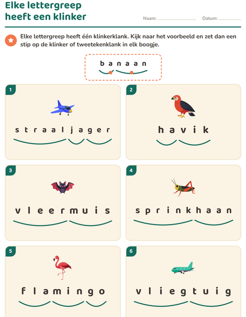 Voorbeeld van het Lettergrepen verdelen-werkblad met Dingen die vliegen voor groep 3