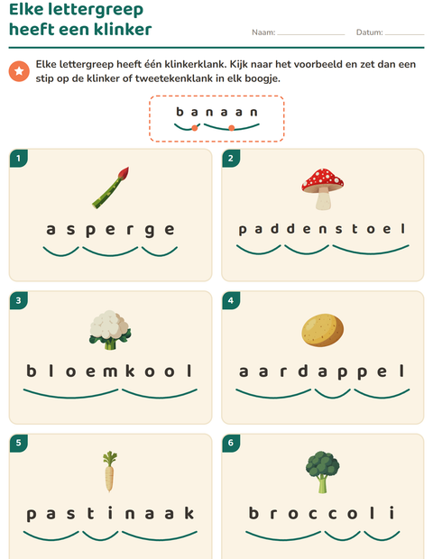 Voorbeeld van het Lettergrepen verdelen-werkblad met Groenten voor groep 3