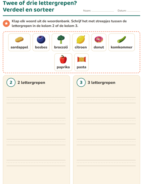 Twee of drie lettergrepen? Verdeel elk woord en sorteer het
