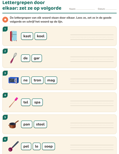 Voorbeeld van het Lettergrepen verdelen-werkblad met Keukengerei voor groep 3