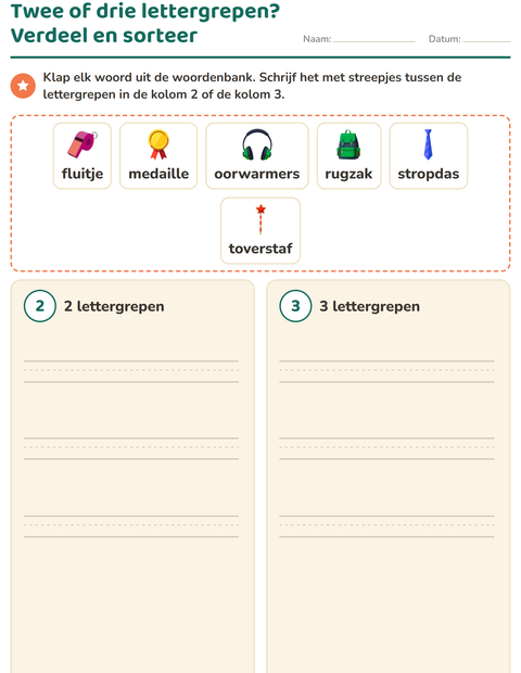 Voorbeeld van het Lettergrepen verdelen-werkblad met Accessoires voor groep 3