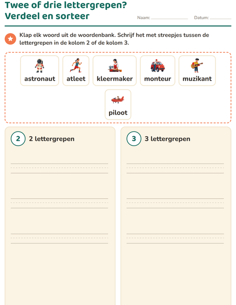 Voorbeeld van het Lettergrepen verdelen-werkblad met Beroepen voor groep 3