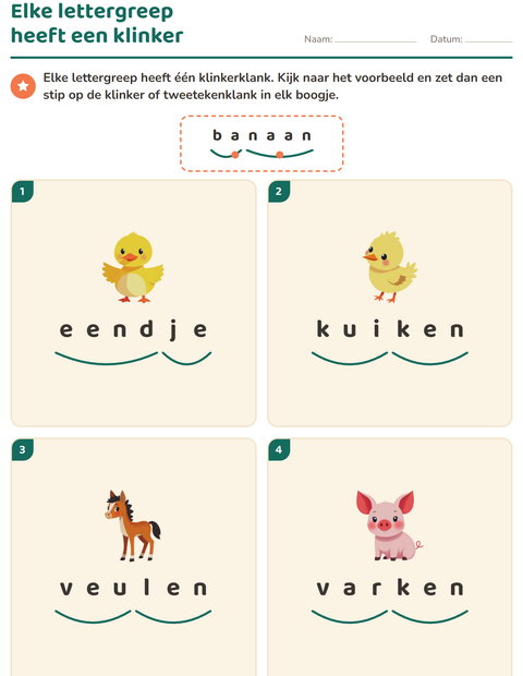 Voorbeeld van het Lettergrepen verdelen-werkblad met Boerderijdieren voor groep 3