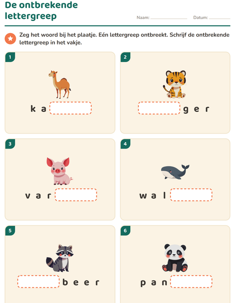 Voorbeeld van het Lettergrepen verdelen-werkblad met Dieren voor groep 3