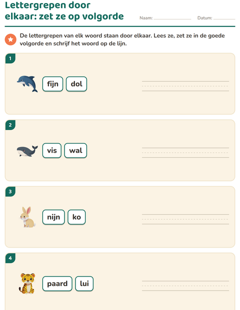 Voorbeeld van het Lettergrepen verdelen-werkblad met Dieren voor groep 3