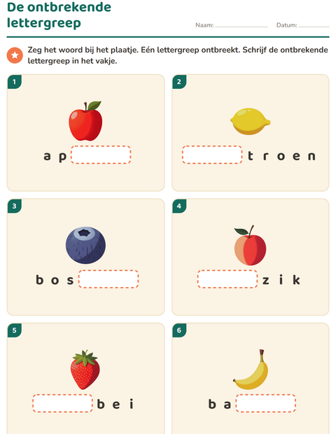 Voorbeeld van het Lettergrepen verdelen-werkblad met Fruit voor groep 3