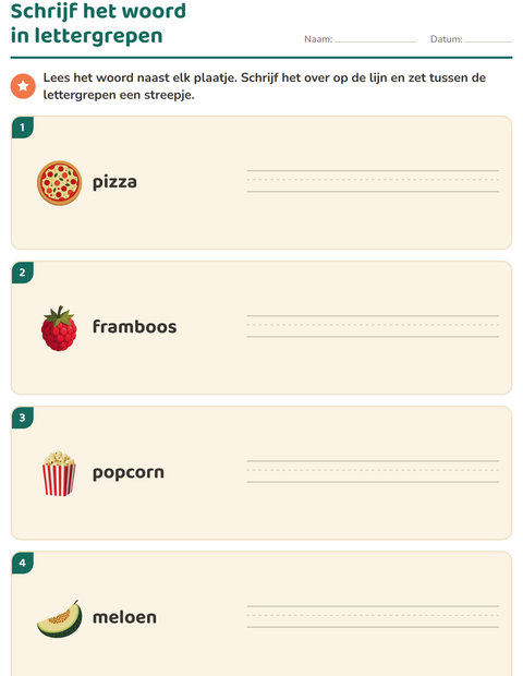 Voorbeeld van het Lettergrepen verdelen-werkblad met In de supermarkt voor groep 3