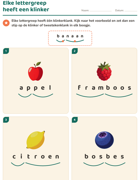 Voorbeeld van het Lettergrepen verdelen-werkblad met In de supermarkt voor groep 3