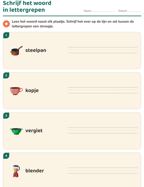 Voorbeeld van het Lettergrepen verdelen-werkblad met Keukengerei voor groep 3