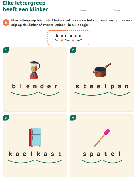 Voorbeeld van het Lettergrepen verdelen-werkblad met Keukengerei voor groep 3