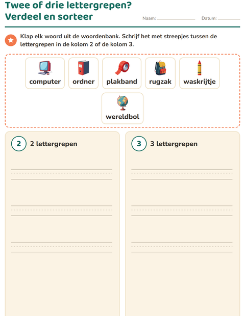 Voorbeeld van het Lettergrepen verdelen-werkblad met Klaslokaal voor groep 3