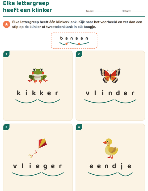 Voorbeeld van het Lettergrepen verdelen-werkblad met Lente voor groep 3