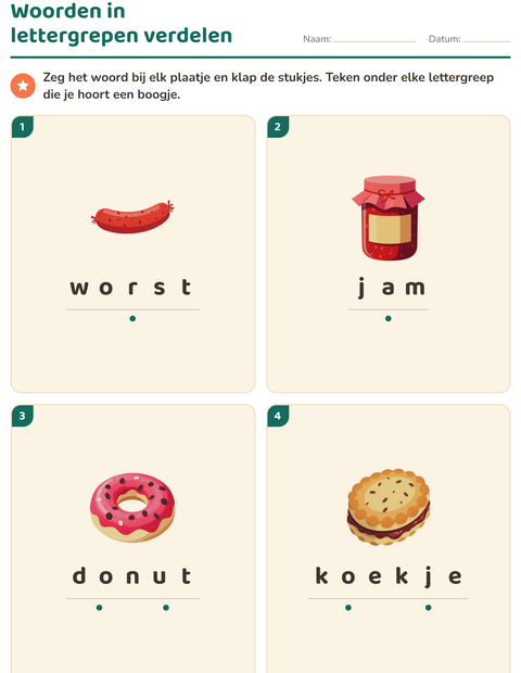 Voorbeeld van het Lettergrepen verdelen-werkblad met Ontbijt voor groep 3